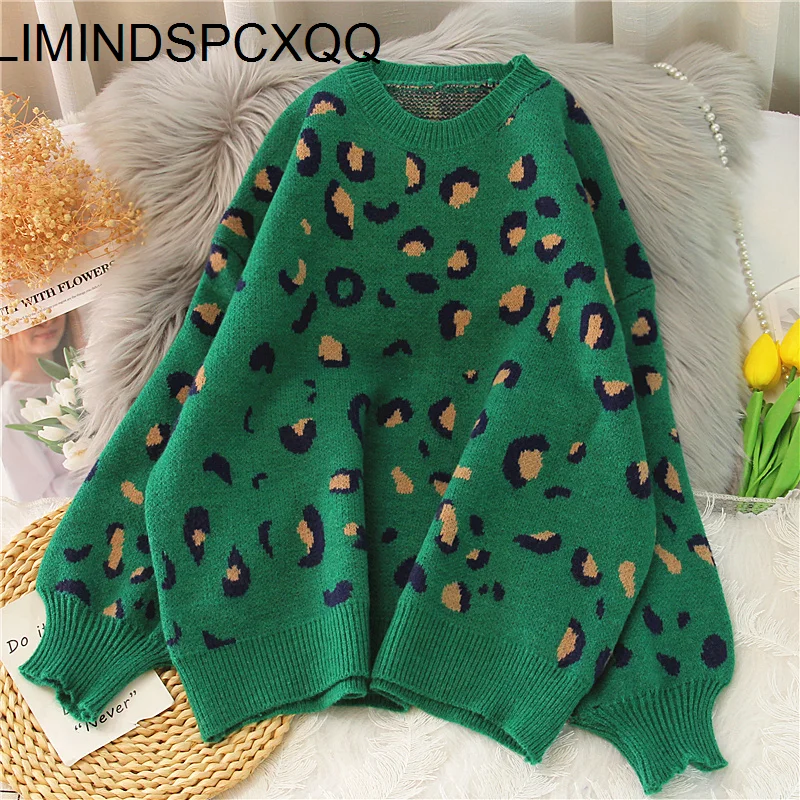 

Женский леопардовый свитер, пуловер с круглым вырезом в стиле Харадзюку, винтажный вязаный джемпер, Топ с длинным рукавом, уличная одежда, м...
