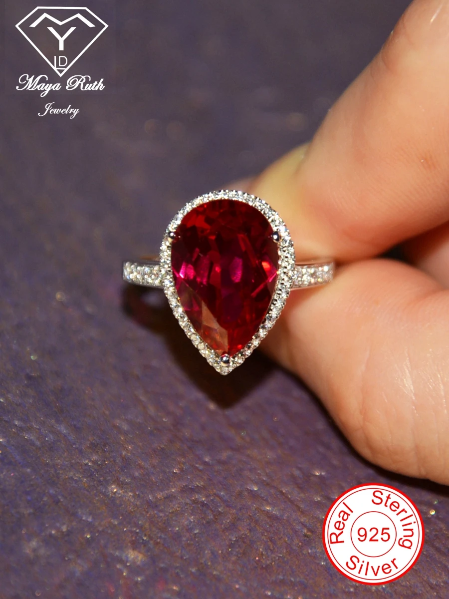 Created Ruby Real Echt 925 Sterling Silver Party Cocktail Ring For Women Pear Drop Shape Imitation Red Gemstone Female Gifts