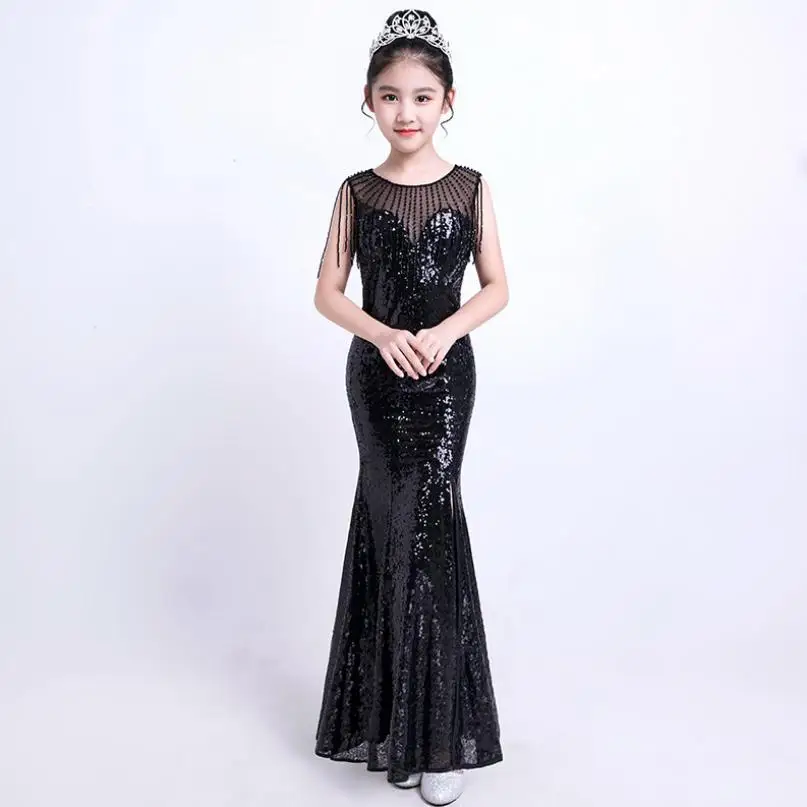 Black Long Elegant Girls Dress Summer Deep V Sequin Party Dresses Children Tight Beaded Sexy Gown Kids Clothes Vestidos Y1110