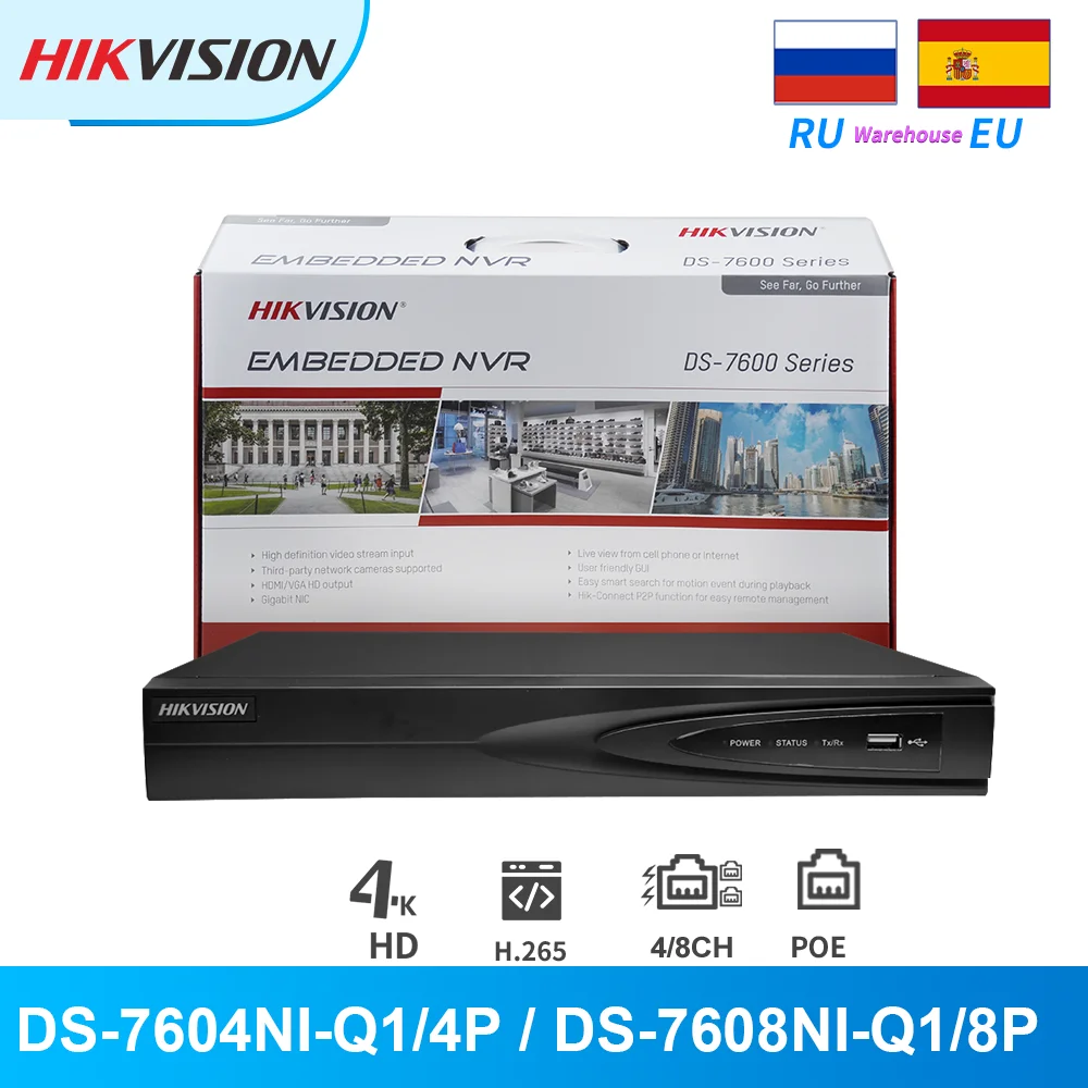 

Hikvision PoE NVR 4K 4CH 8CH DS-7604NI-Q1/4P DS-7608NI-Q1/8P 8MP 1 SATA For IP Camera CCTV Security Network Video Recorder