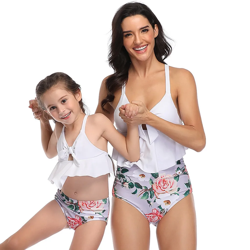 Купальный костюм из двух предметов с принтом для мамы и дочки купальный высокой