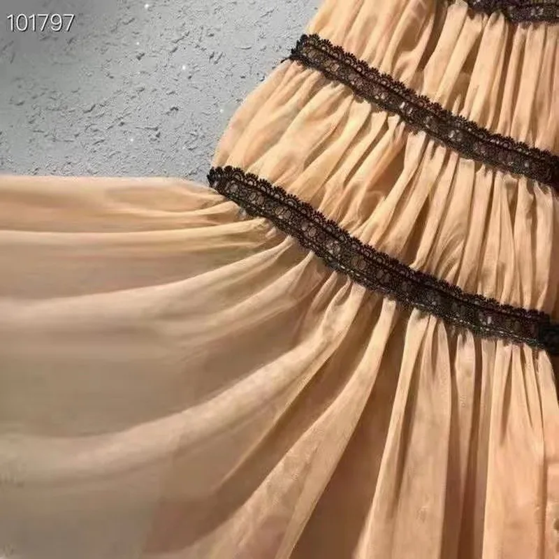 

Summer Fashion 2021 Skirt High Quality Women Elastic Waist Appliques Lace Patchwork Casual Apricot White Blue Black Gown Skirts