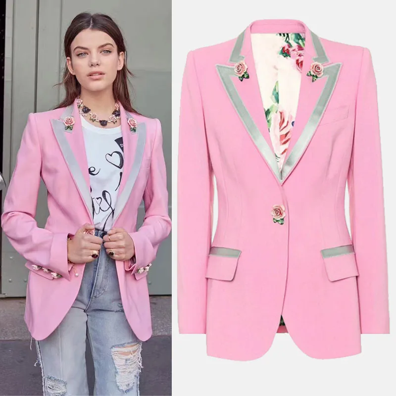 Блейзер Женский двубортный с длинным рукавом и розовыми цветами осень 2020 |