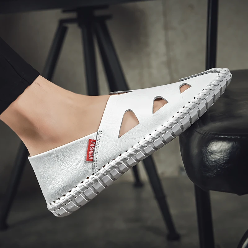 Мужские кожаные сандалии для вождения удобные летние Мягкие Шлепанцы пляжа