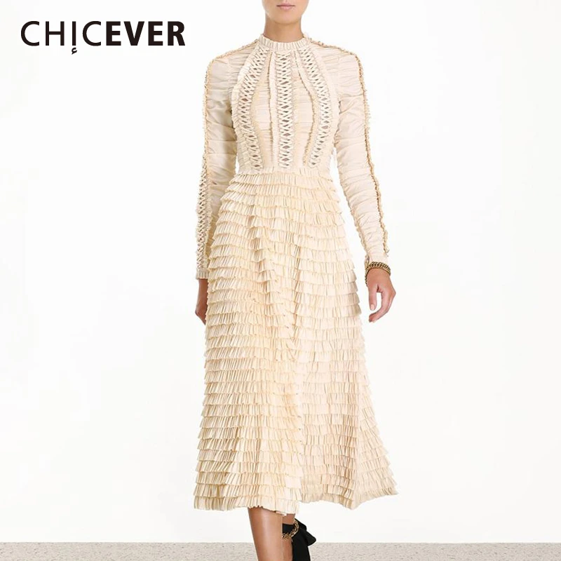 

CHICEVER Vintage Ruffles Hollow Out Women's Dress Stand Collar Long Sleeve High Waist Bandages Casual Dresses Female 2020 New
