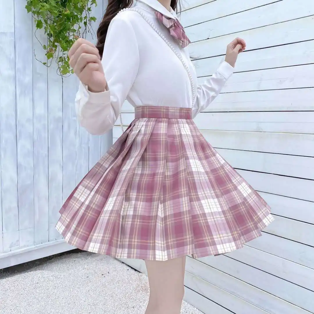 

2021 Japanese Uniform Two Piece Set Women White Long Sleeve Shirts + Plaid Mini Skirt Preppy Style High Waist Skirts 2 Piece Set