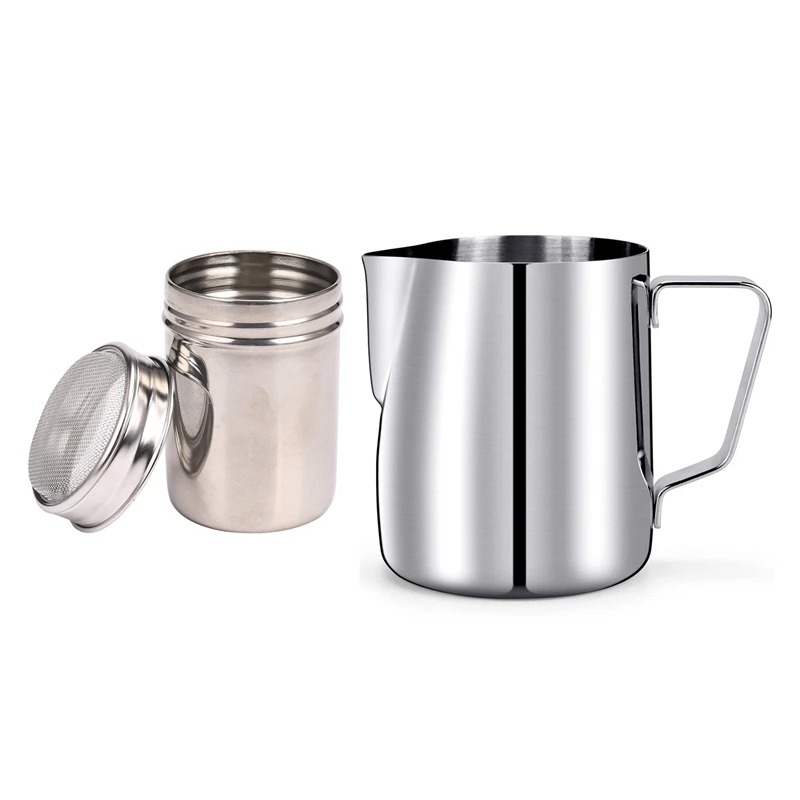 

Functional Stainless Steel Chocolate Shaker Icing Sugar Salt Cocoa Flour Coffee Sifter & 350Ml Milk Pitcher