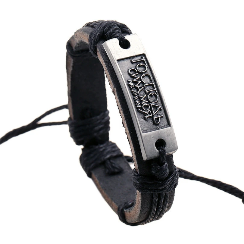 Fashion Black Genuine Leather Letters Charm Bracelet Russian Script Vintage Handmade Bangle Wristbands Casual Women Men Jewelry