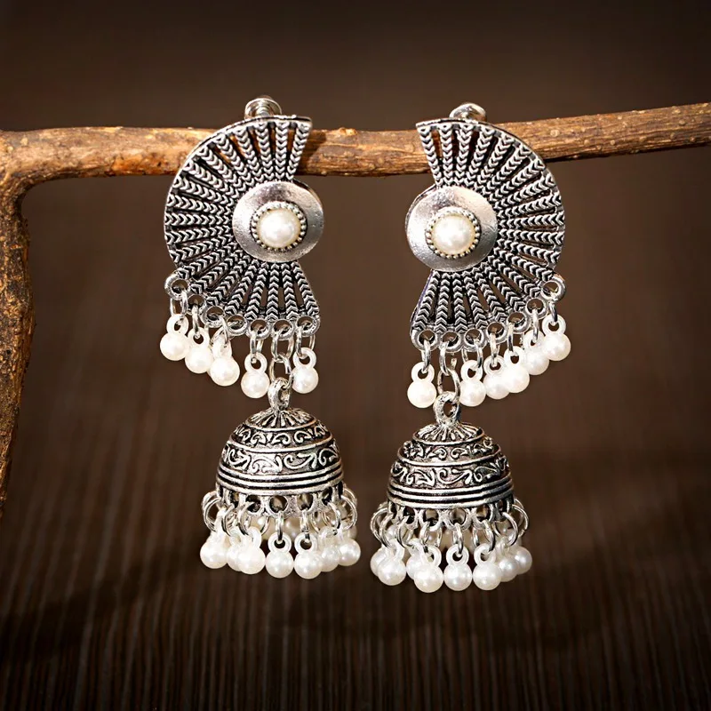 Серьги Jhumka в стиле ретро серебряного цвета для женщин бохо с цыганским жемчугом и
