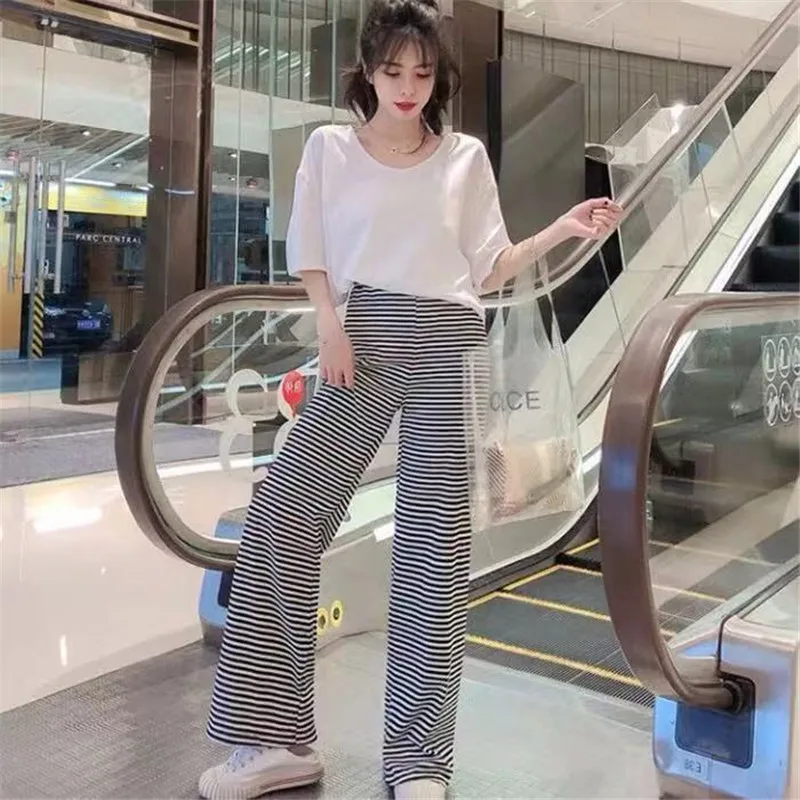 

New Women Casual Trousers Black white stript Pants Female Student Loose Elastic Waist Solid Jogger Ladies Seamless Harem Pants