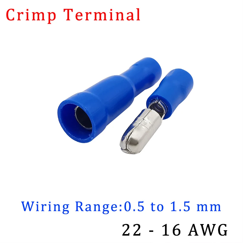Синий ассорти, мужской, женский, пулевидный, стыковой, изолированный, электрический провод, соединитель, обжимные клеммы для 22 ~ 16AWG, аудио проводка в строке