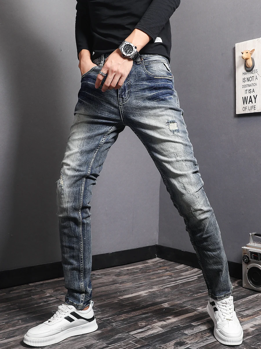 

Fashion Streetwear Men Jeans Elastic Slim Fit Retro Blue Ripped Denim Pants Italian Vintage Designer Casual Cotton Long Trousers
