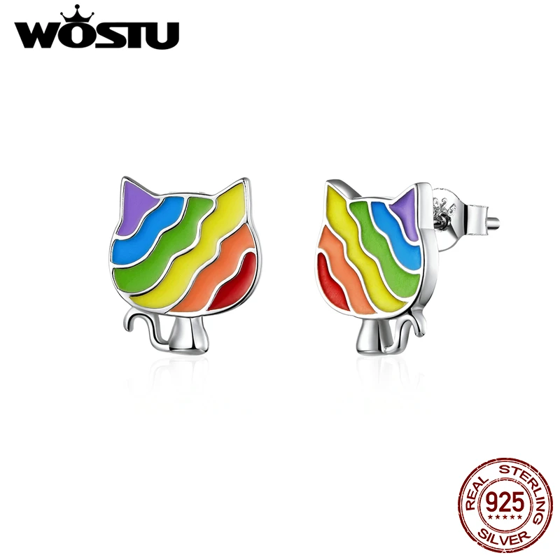 WOSTU настоящее 925 пробы серебряные радужные серьги гвоздики с милым котом для