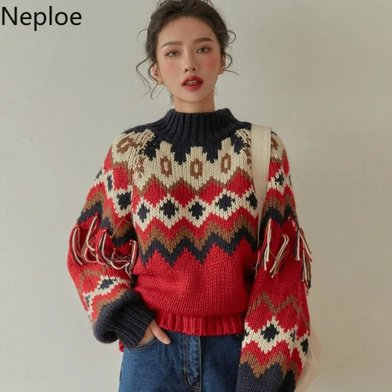 Neploe осенне-зимний свитер с кисточками женский с принтом водолазка короткий Pull Femme Chi элегантный пуловер 46566