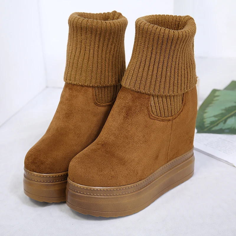 

12cm slope heel short boots autumn/winter 2021 new style woolen female super high heel platform waterproof platform