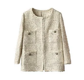 Jacket Высокое качество подиумная Женская твидовая куртка осень зима элегантные женские Карманы Свободные бежевые люрекс длинные шерстяные куртки и пальто - Цвет: Jacket