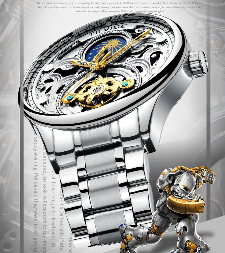 TEVISE часы Moon phase полые tourbillon автоматические механические наручные часы из нержавеющей стали мужские часы браслет часы