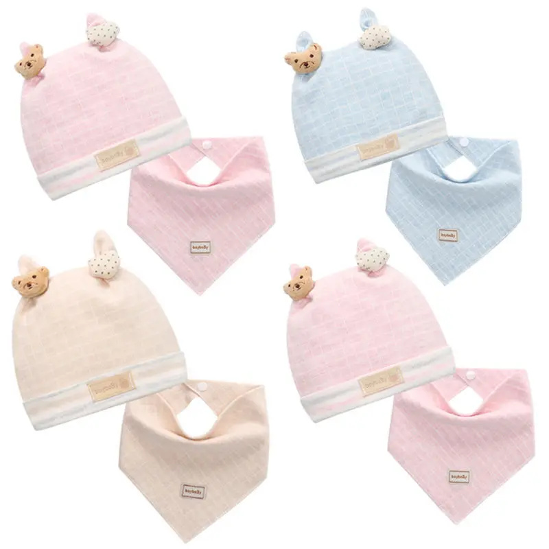 Cute Bear Star Infant Hat with Bibs Candy Solid Color Cap Boys Girls Baby Beanies Hats Soft Cotton Caps Bibs for 0-6months Baby images - 6