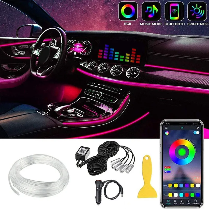 

OKEEN Led RGB Car Interior Decorative Lights EL Neon Wire Strip Flexible Auto Ambient Decorative Light Bar By APP Voice Control