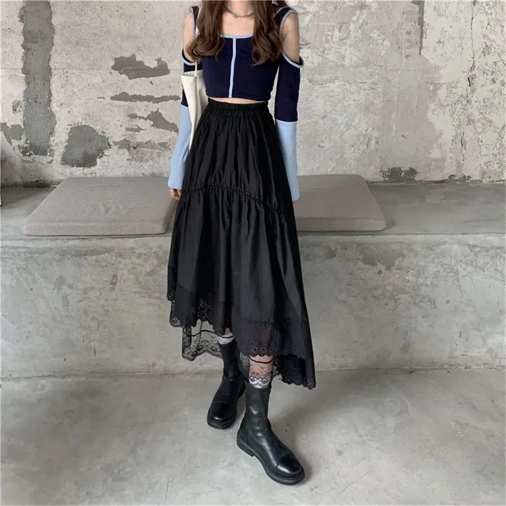 Black Gothic Lace Stitching Irregular Pleated Skirt Women White Vintage High Waist Long Skirt Korean Solid Hip Hop Streetwear images - 6