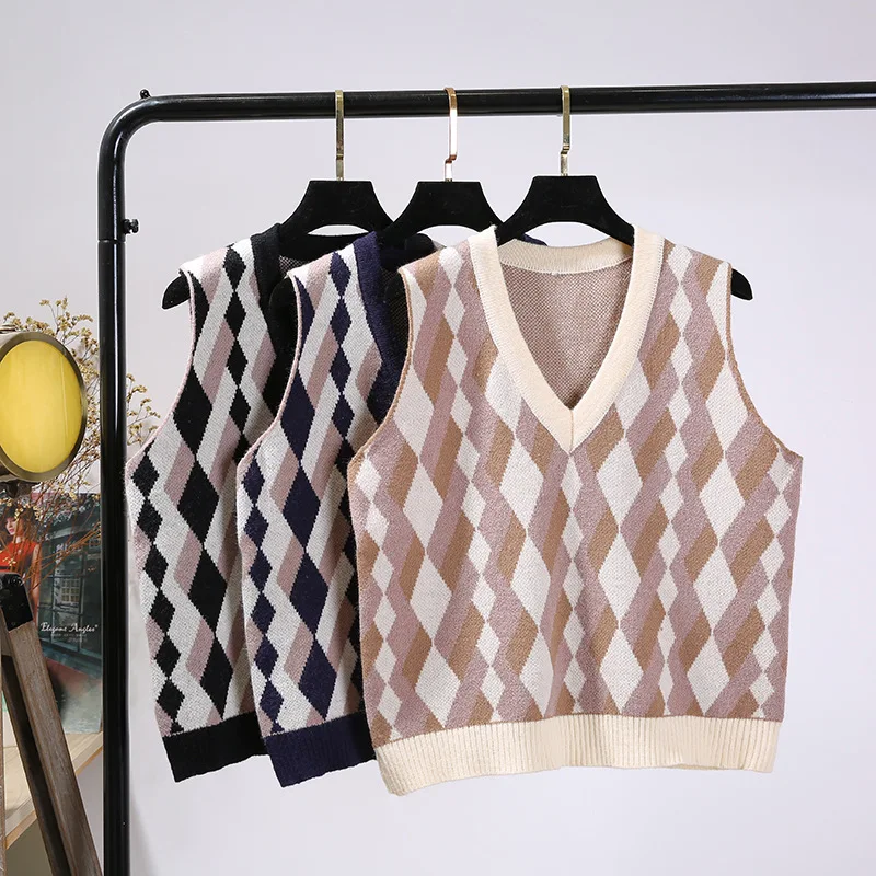 

Plaid Pullover Top Women's Sleeveless Sweaters Warm Knitted Vests Y2k Clothes Female Sweat Vest Preppy Style Waistcoat Autumn