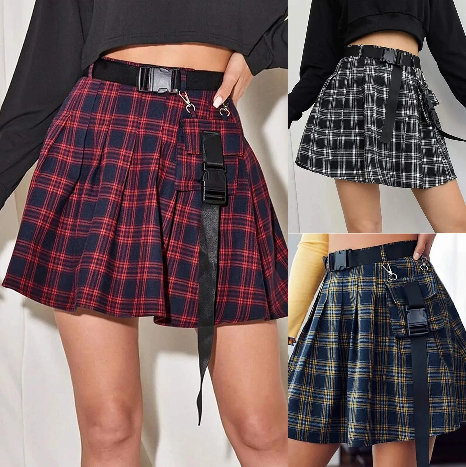 

58# Harajuku Women Summer Skirt Belts Pockets Lattice Chain Punk Pleated Uniform Skirt Faldas Y2k Skirts Womens 2021