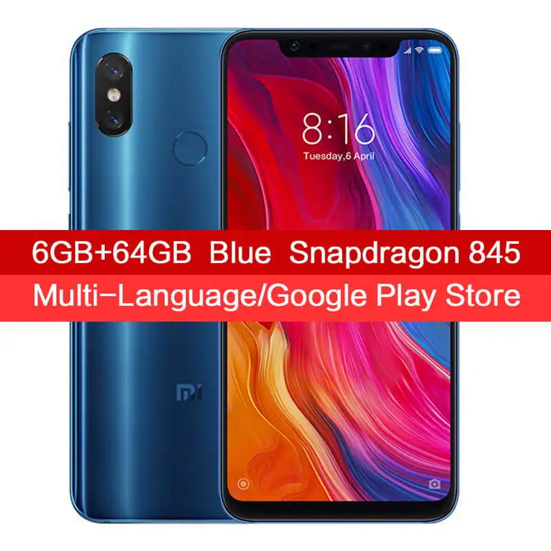 Blue 6GB 64GB Мобильный телефон Xiaomi Mi 8 с глобальной версией, 6 ГБ, 64 ГБ, Восьмиядерный процессор Snapdragon 845, 6,21 дюйма, 18,7: 9, полноэкранная камера 20 МП, NFC - Цвет: Blue 6GB 64GB