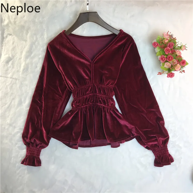 Neploe, v-образный вырез, тонкая талия, рукав-фонарик, бархатная блузка для женщин, элегантные оборки, длинный рукав, Blusas Mujer, облегающая короткая рубашка 46384
