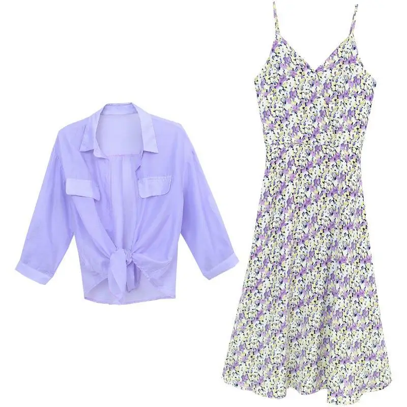 

2021 Summer 2 Piece Sets Women Dress Purple Shirt + Floral Chiffon Midi Strap Dresses Female Casual Plus Size Lady Suit Y536
