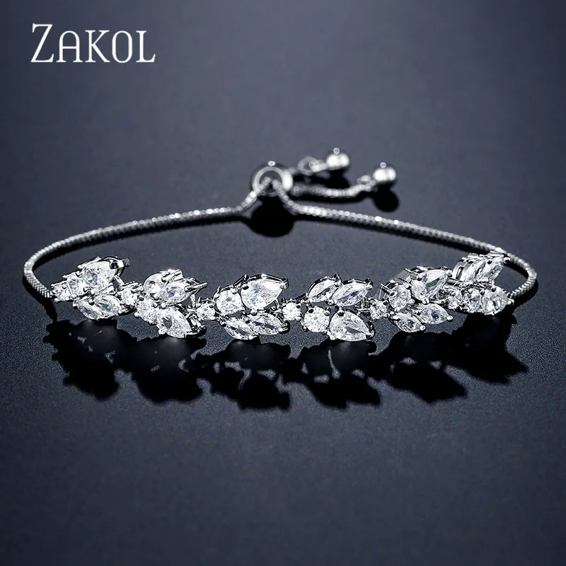White ZAKOL высокое качество белый кубический цирконий лист регулируемые браслеты для женщин модные свадебные украшения FSBP2159 - Окраска металла: White