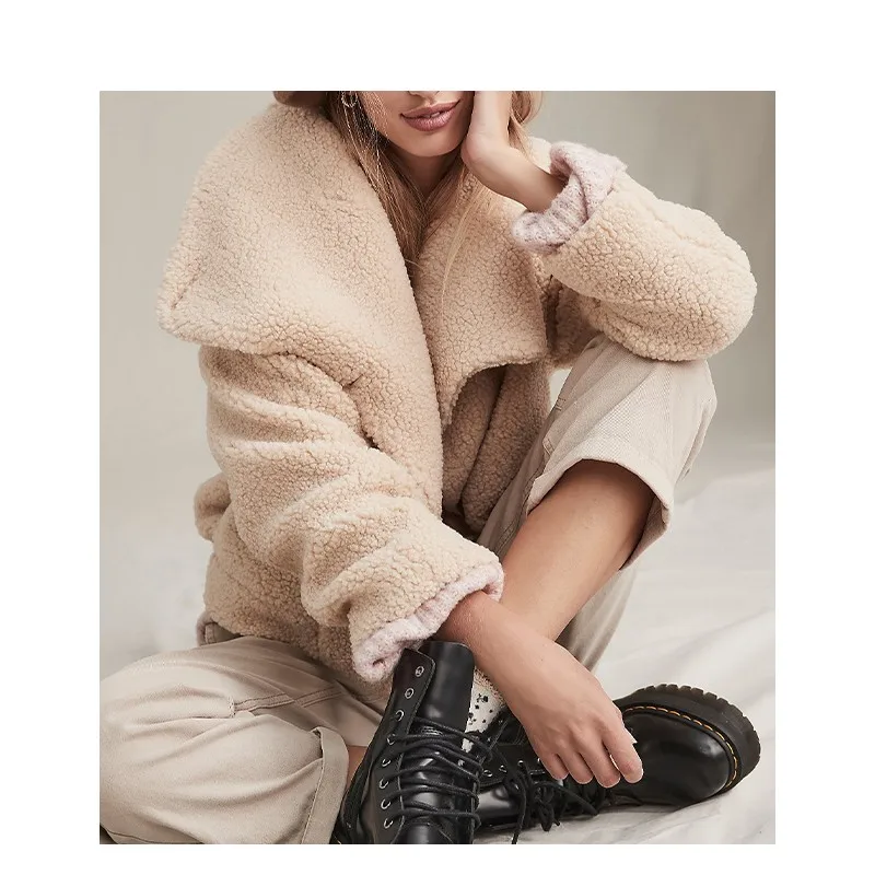 

Artsnie Spring 2021 Fleece Coats Women Turn Down Collar Long Sleeve Oversized Coats Single Breasted Beige Casual Coats Jackets