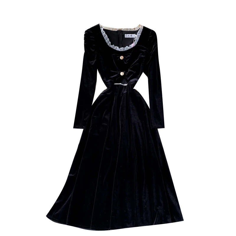 

2021 Spring Women Vintage Slim Black O-Neck Long Sleeve Velvet Dress Party Dress Vestido Feminino J186