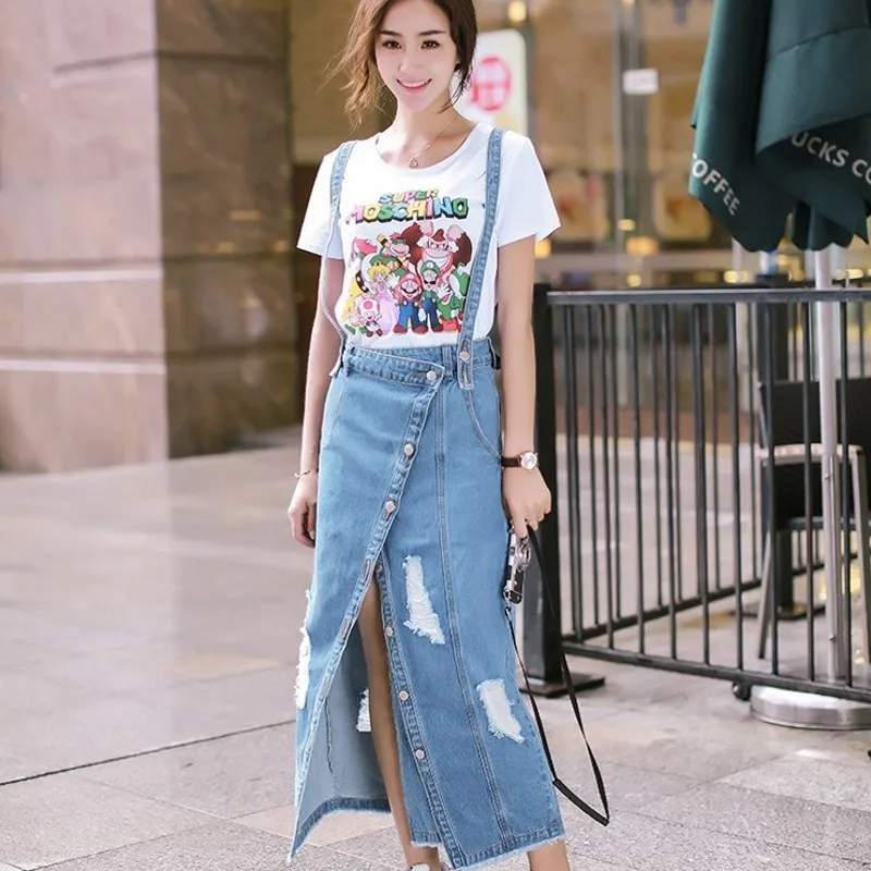 Летние Асимметричные рваные женские джинсовые платья на подтяжках с высокой