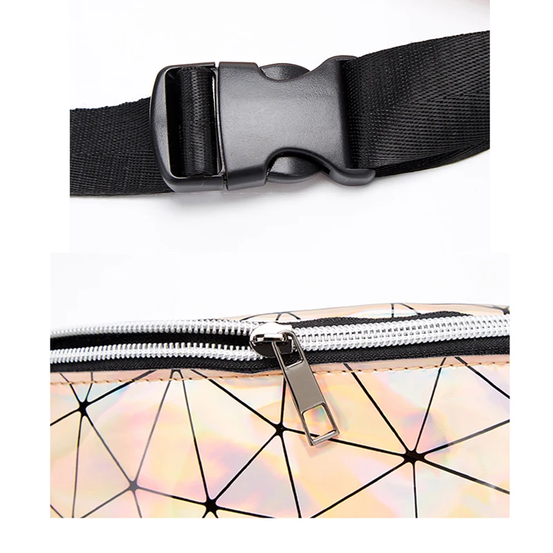 RIAYOOE Fashion women belt bag Geometric black banana bag gold Silver Sequin waist bag Laser Phone Pouch