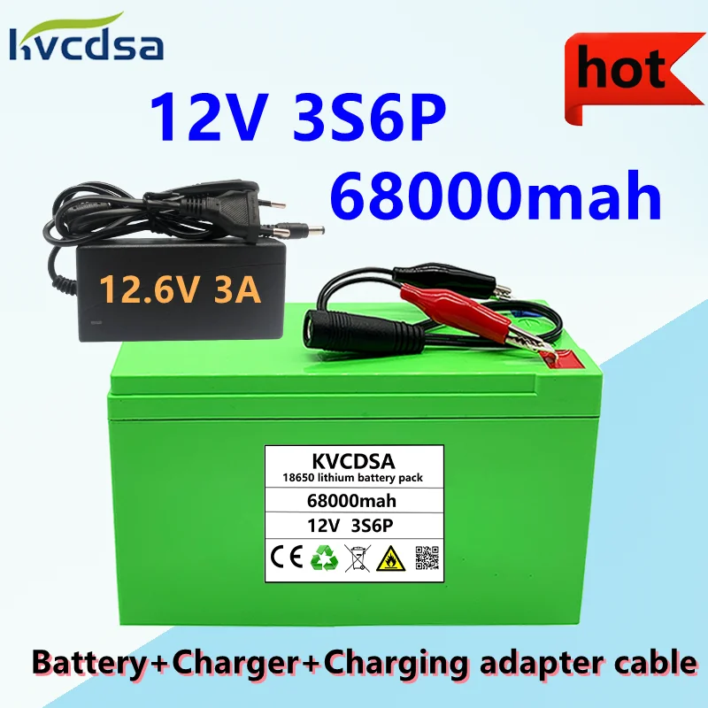 

Новый набор литиевых батарей 12 в 68 Ач 18650 3S6P Встроенный ток 30A BMS для распылителей, аккумулятор для электромобиля + зарядное устройство 12,6 в