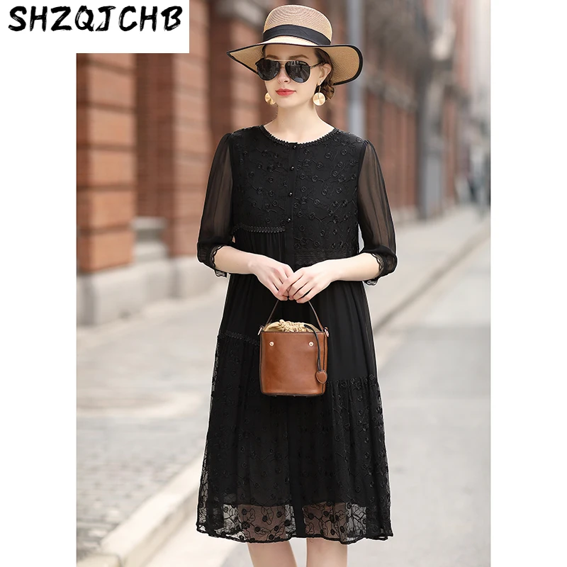 

Женское шелковое платье SHZQ, свободное облегающее платье средней длины из шелка тутового шелкопряда с вышивкой, лето 2021