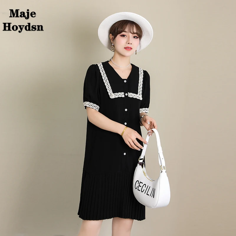 

Maje Hoydsn Europe Station 2021 Summer New Women's Loose Doll Neck Color Matching Foreign Style Short Sleeve Chiffon Dress