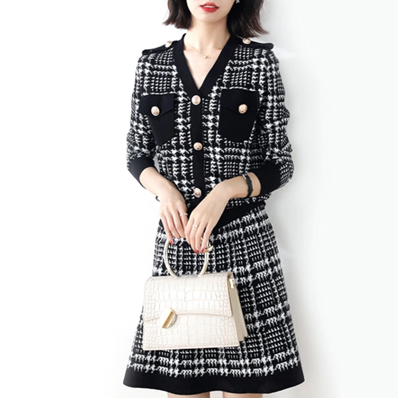 

2020 New Spring Autumn Women Sets High Quality Fashion Houndstooth Knitted Cardigan Sweater And Skirt Two Piece Set