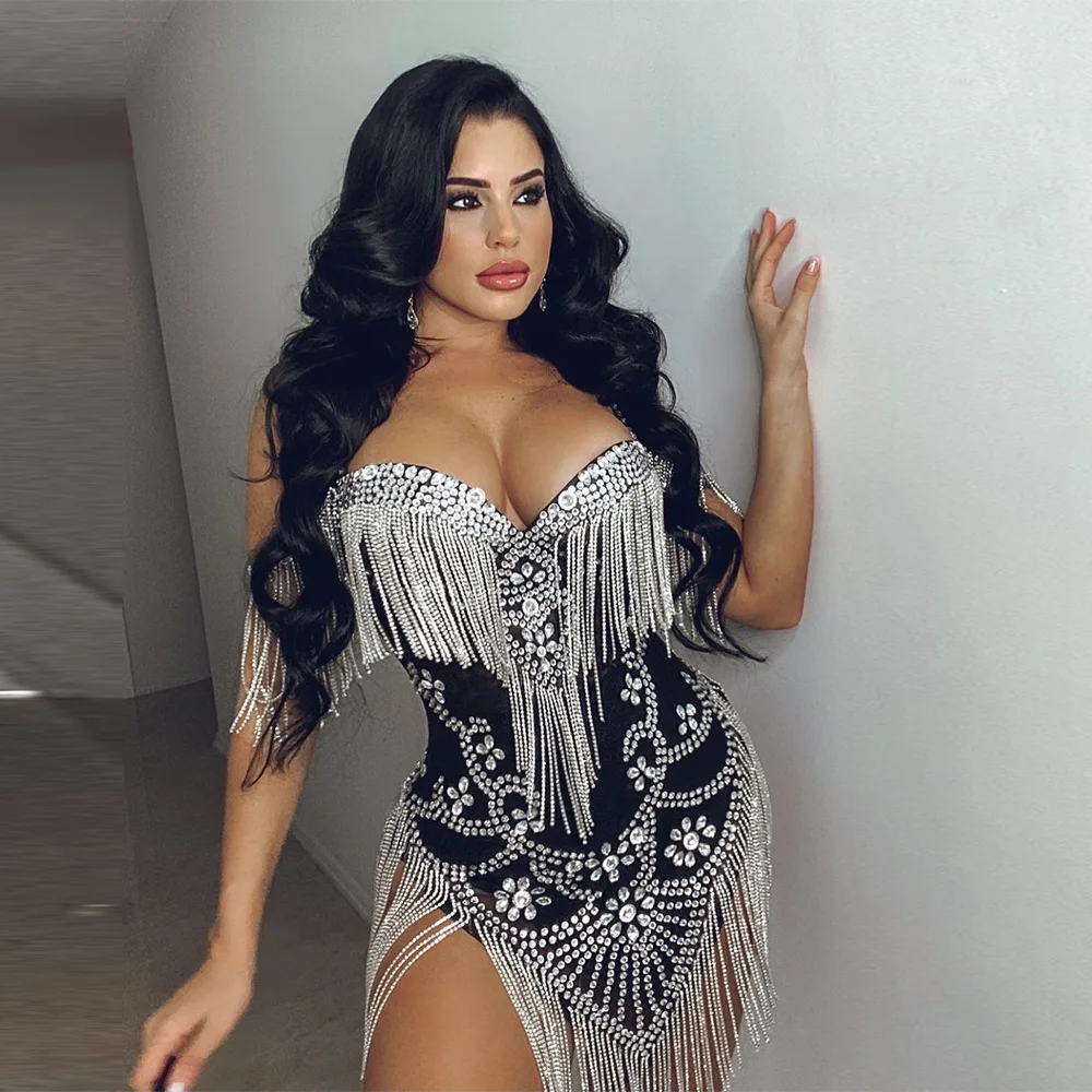 

Women Mini Dress Diamonds Tassles Sleeveless Strapless Stretchy Skinny Dresses Sexy Fashion Vestidos Summer