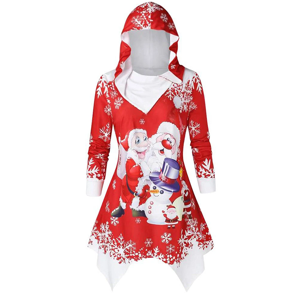 

Рождественский Женский пуловер с капюшоном, зимние женские топы, одежда, осень-зима, Повседневная Длинная праздвечерние чная женская рубаш...