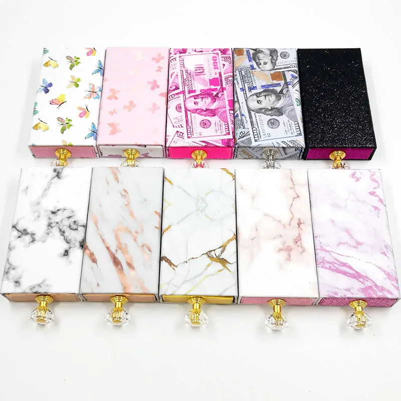 

10 pieces wholesale marble eyebrow box pink packaging box fake 3d mink eyebrow box fake threshold strip diamond magnetic case