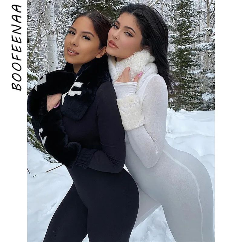 Женский комбинезон с длинным рукавом BOOFEENAA Kardashian Kyliejenner черный белый C66 AD17