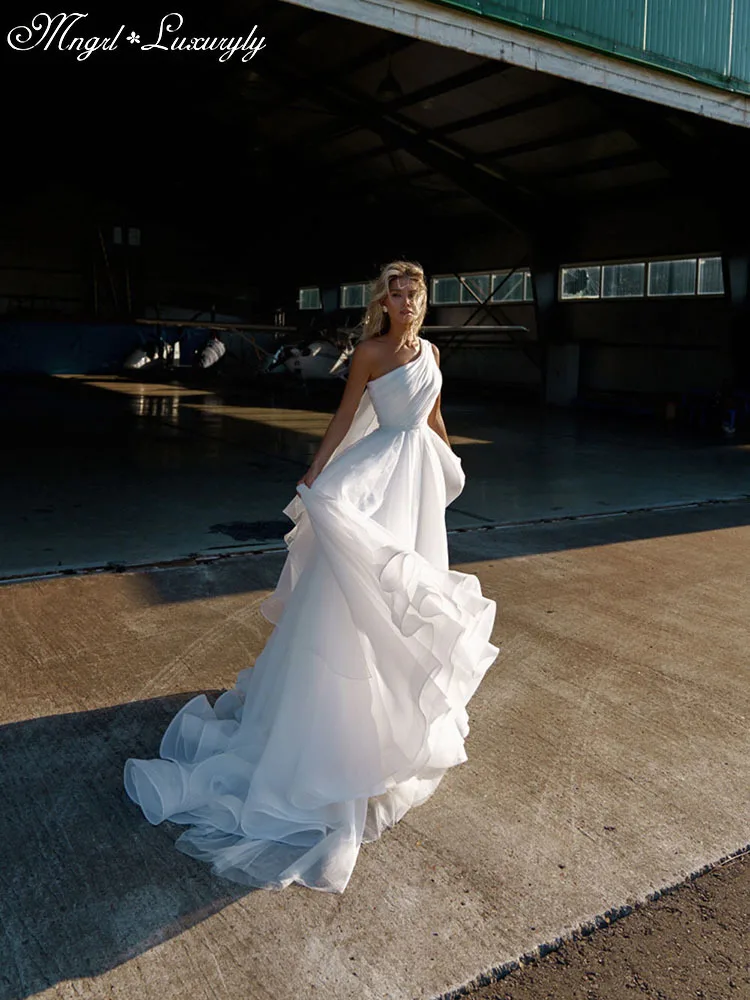 

Luxury A-Line Wedding Dresses One Shoulder Fluttering Sleeves Backless Glamorous Gowns High Waist Delicate layered Tulle