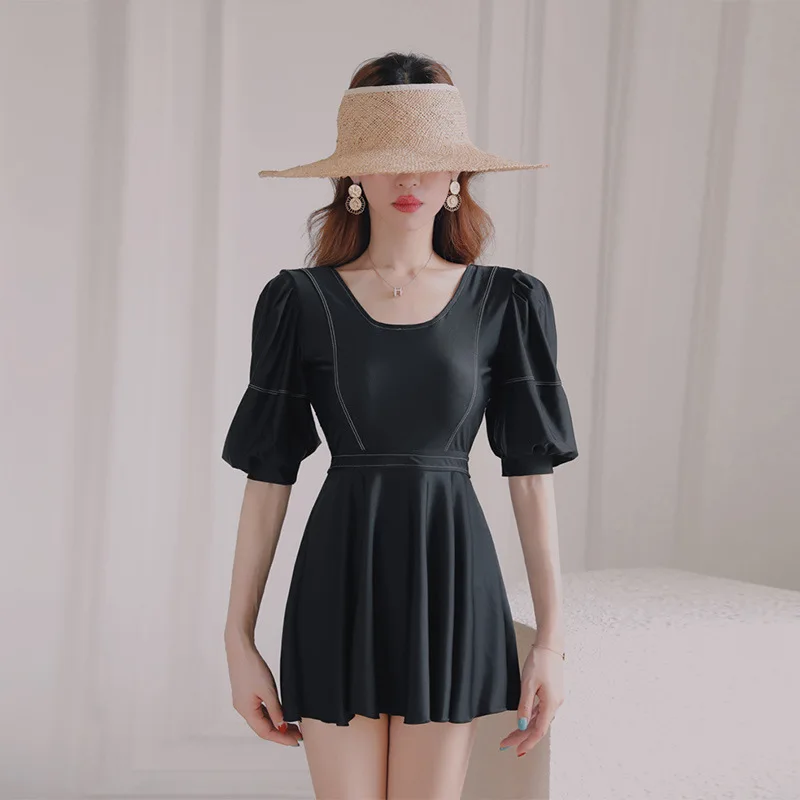 Консервативная юбка купальник женский скрывающий живот тонкая маленькая черная