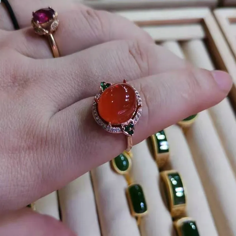 The true and natural most precious variety of s925 sterling silver red agate gemstone Baoshannan red onyx ring female loved by a