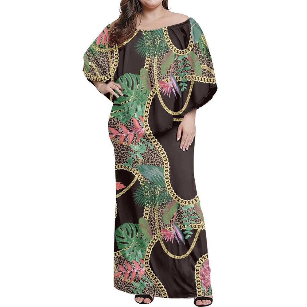 

WomenGolden Chains With Tropical Flowers And Leopard Print Off Shouolder With Shawl Sleeveless Dress Custom Design Casual Dress