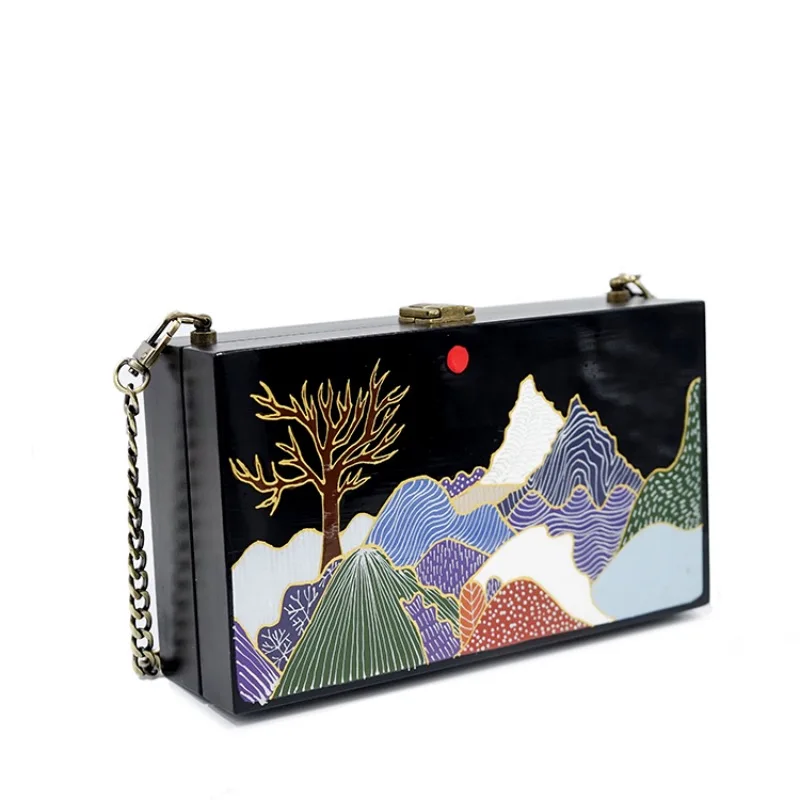 

eco friendly wooden handbag clutch mountain small square box handbag chain bag retro simple one-shoulder portable messenger bag