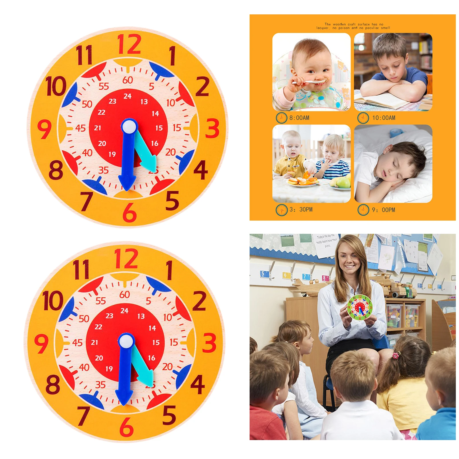 

2 Piece Wooden Clock Toy Learning Time Teaching Aids Toys Early Accessories