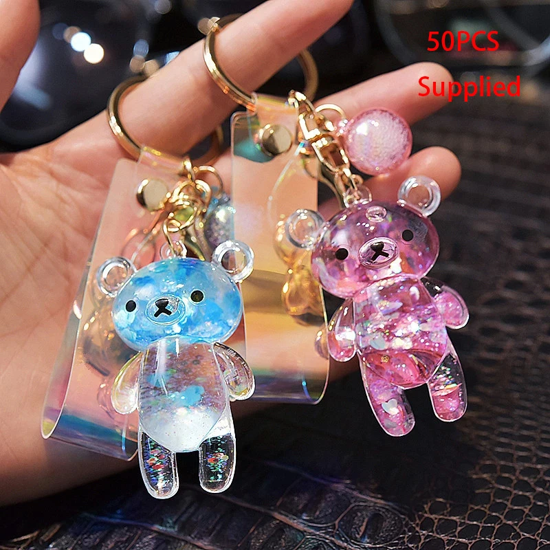 

50pcs Liquid Keyring Glitter Bear Quicksand Acrylic Key Fob Backpack Pendant Couples Women Men Boyfriend Friend Keychains Gift