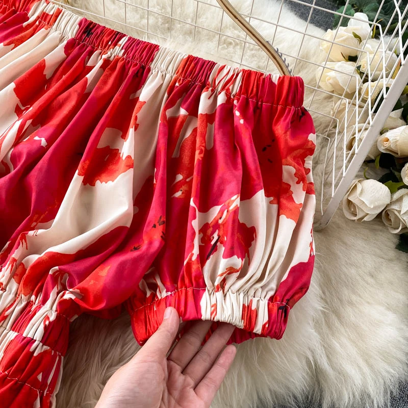 

Foamlina new summer print dress women slash neck short puff sleeve elastic waist bowtie backless boho beach holiday dresses